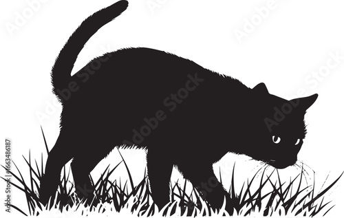 Stealthy Cat Silhouette A cat creeping stealthily with its belly close to the ground, full-length black silhouette vector illustration.