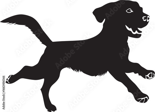 Dog in Motion Silhouette A dog dashing forward, showcasing its speed and agility, complete black vector silhouette design.