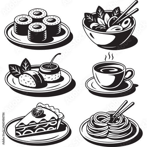 Art of collection of delicious food and drink icons, including sushi, salad, coffee, cake, and noodles
