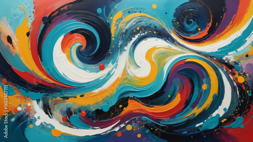 Dynamic swirling abstract art piece bursting with color for modern interiors
