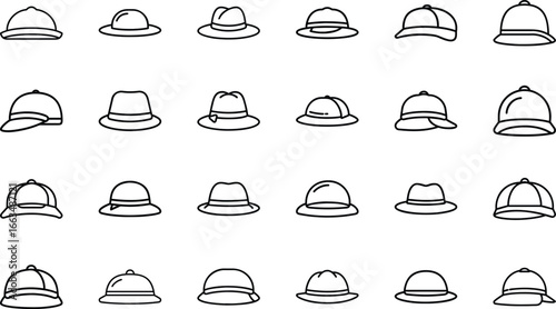 Collection of outline hat icons on white background