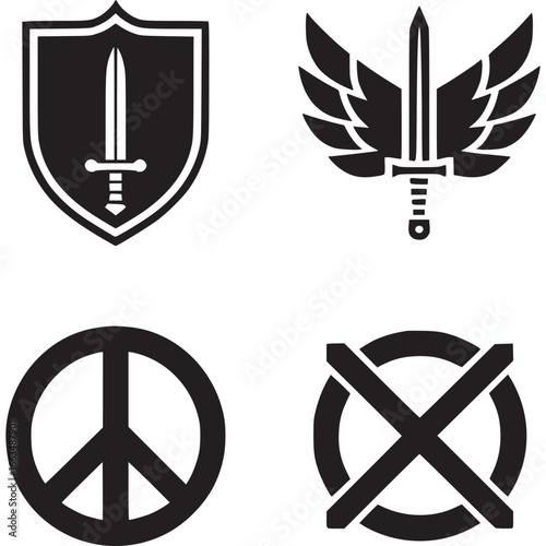 Art of four black and white icons representing contrasting concepts a peace symbol, a sword with wings, a shield with a sword, and a prohibition sign