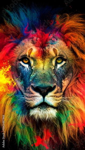 Vibrant lion portrait with colorful mane