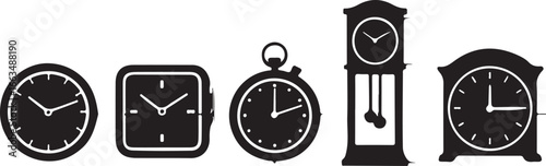Various clocks displayed in silhouette time grandfather clock