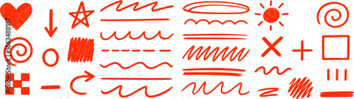 Collection of red marker doodles including hearts, arrows, stars, swirls, lines, and symbols, useful for design, decoration, and highlighting. Vector illustration