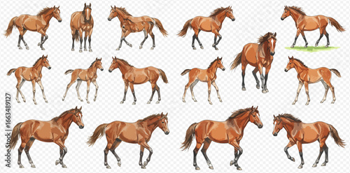 A set of brown horse and foal illustrations in various gaits and poses, including walking, trotting, and standing.