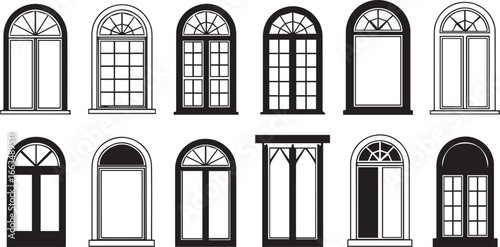Twelve black and white line art architectural windows with arched tops and detailed elements arched window