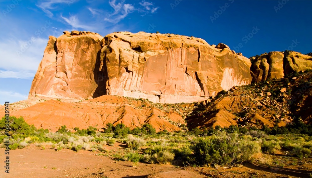 Fototapeta premium A vast, sun-drenched landscape showcases a dramatic sandstone mesa, sculpted by time and nature, bathed in warm sunlight.