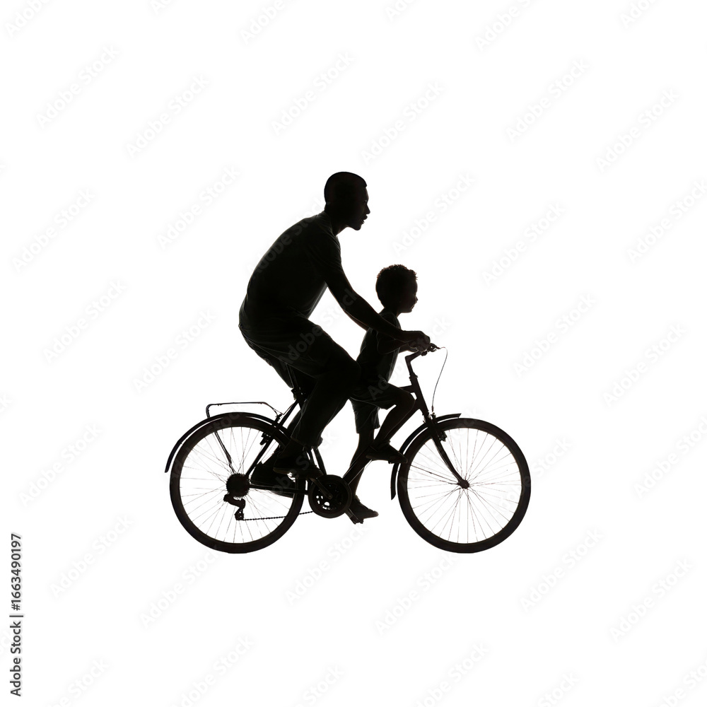 Fototapeta premium Silhouette of Father and Son Riding Bicycle Together at Sunset