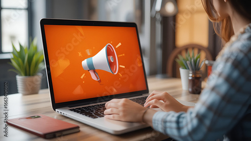 Laptop video marketing campaign with megaphone icon for advertising and promotion online strategy