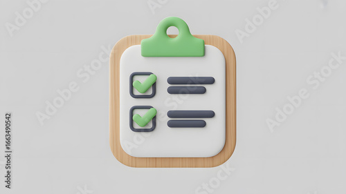 Completed Checklist: A 3D-rendered clipboard with a completed checklist, highlighting task completion and achievement in a clear, concise visual.