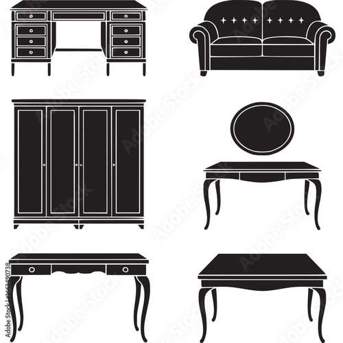 Art of collection of vintage and modern furniture silhouettes, including desks, a sofa, a wardrobe, and tables, isolated on a