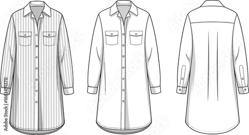 CAD drawing flat vector illustration of long sleeve shirts, striped and plain styles, front and back views, button-down design, chest pockets, technical sketch layout, garment template