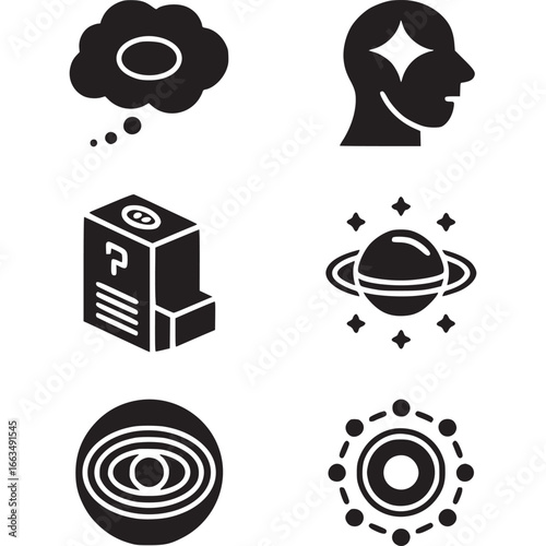 Art of collection of abstract icons representing concepts like thought, intelligence, space exploration, and technology
