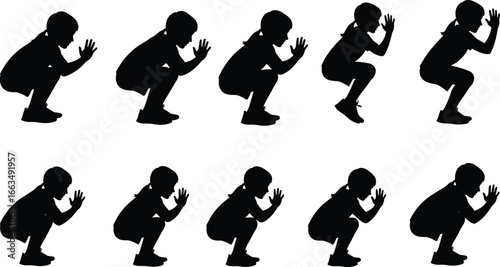 Silhouette of a young girl performing squats in a sequence on a white background child