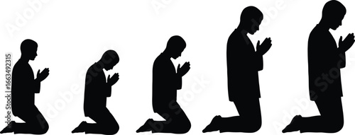 Silhouettes of men kneeling and praying on white background person people