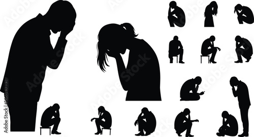 Silhouettes of people expressing sadness and despair with heads in hands head in hands