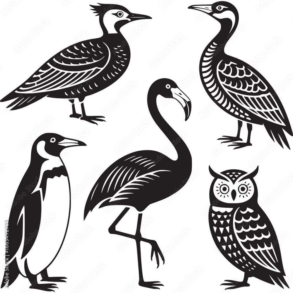 Naklejka premium Art of collection of stylized black and white bird silhouettes including a penguin, owl, flamingo, woodpecker, and cormorant