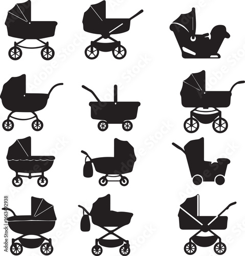 Twelve Black Silhouette Icons of Baby Strollers and Prams carriage baby carriage