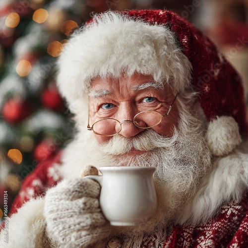 Santa Claus is drinking tea from a white cup