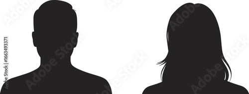 CAD drawing flat vector illustration of male and female profile, front and side views, black and white silhouettes, clean outline style, identity design, vector artwork