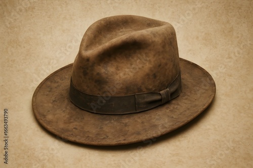 A Grungy, Brown Fedora Hat Sits on a Textured Surface, Ready for an Adventure