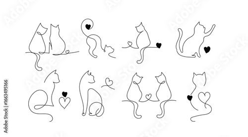 Minimalist Cat Line Art Vector with Heart Elements