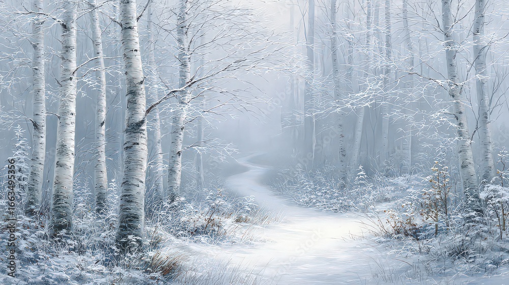 Fototapeta premium Snowy Winter Forest Path With Birch Trees