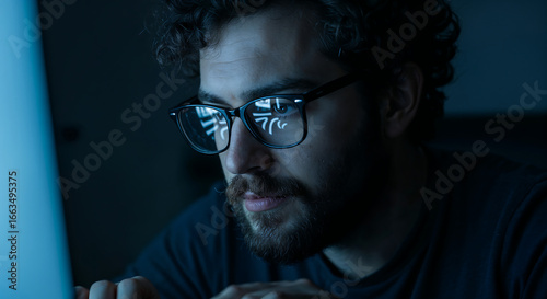 Focused Bearded Young Man Working on Computer in Screen Glow – Cinematic Close-Up Portrait