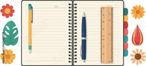 Open Spiral-Bound Notebook with Pen, Ruler, and Decorations