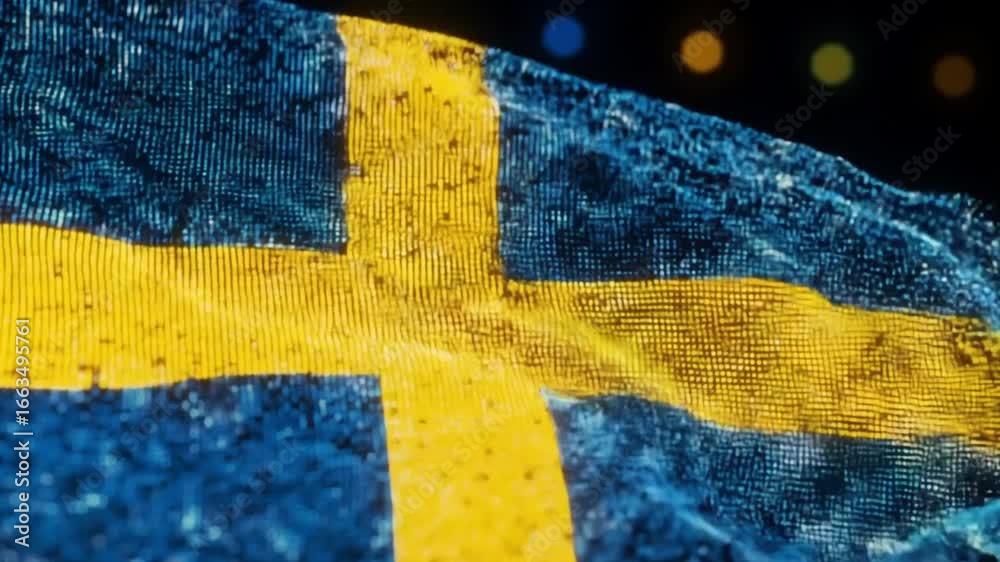 Detailed close-up of a Swedish flag, pixelated
