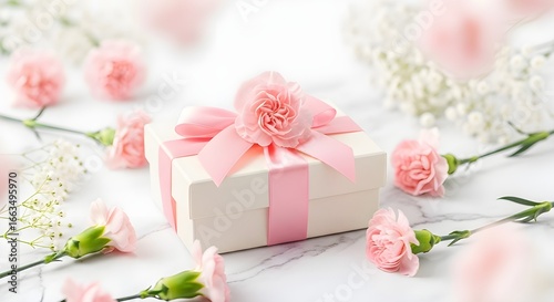 Elegant gift box decorated with pink ribbon and carnation flower on marble background