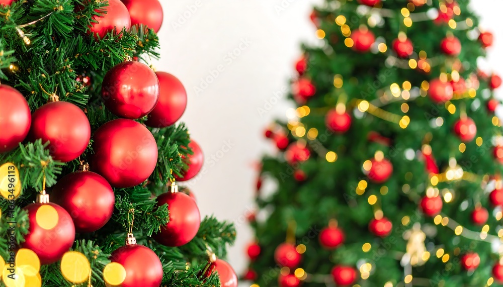 Fototapeta premium Two decorated Christmas trees with numerous glossy red ornaments and warm yellow lights create a festive and joyful atmosphere.