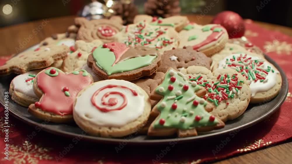 Festive plate of decorated holiday cookies on a red tablecloth.