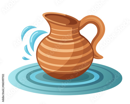 Clay pitcher pouring water into rippling pool