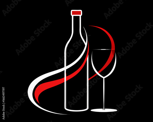 Elegant wine bottle and glass with red and white swirls