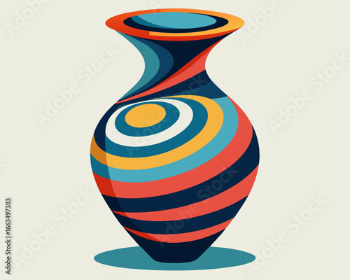Vibrant geometric vase with swirling colorful stripes