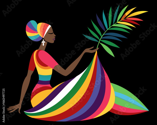 Woman in colorful dress holding a rainbow palm frond