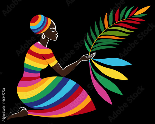 Vibrant woman in rainbow dress holding colorful palm frond