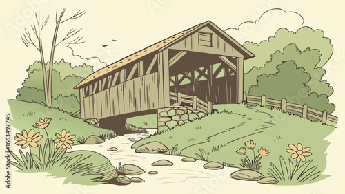 Illustration of a covered bridge over a stream with flowers and trees in a rural landscape scene