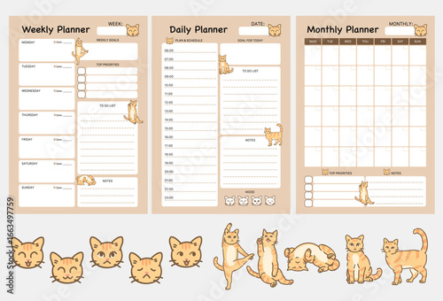 Set of printable daily, weekly, monthly and notes taking planner journal tracker organiser sheets in cute cats orange design.Hand drawn vector illustration.