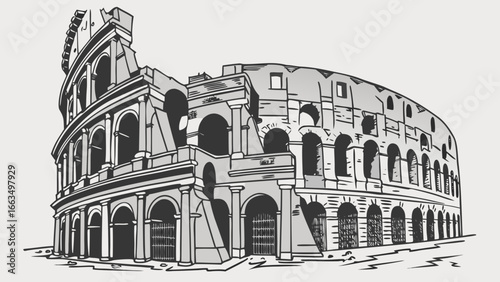 Illustration of the colosseum with visible arches and a partially ruined exterior structure in rome italy