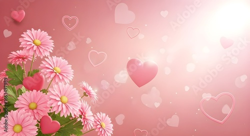 Pink Flowers Bouquet with 3D Hearts and Bokeh Lights on Romantic Background isolated PNG with Transparent Background