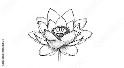 Elegant single lotus flower illustration, hand-drawn botanical art for modern designs, serenity and calm
