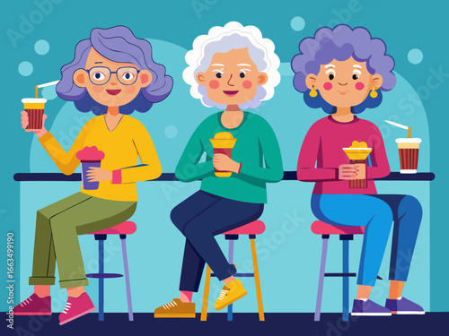 Three happy elderly women enjoying drinks together at a cafe