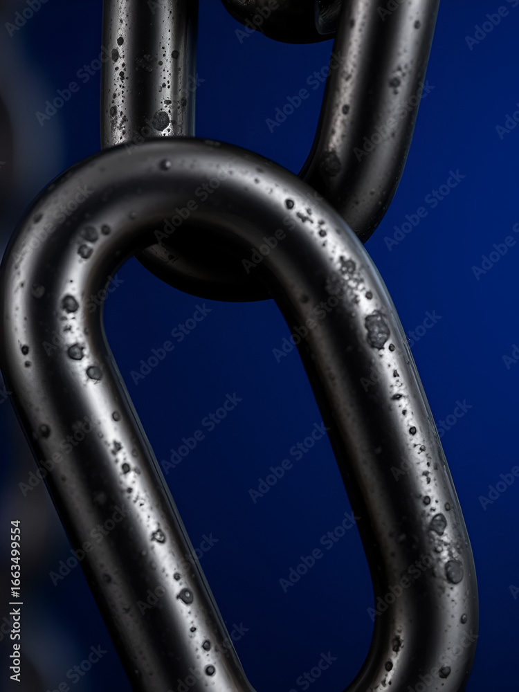 Naklejka premium Strong metal chain link, close-up, dark blue background, security concept