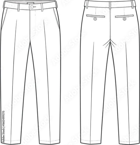 Cad drawing flat vector illustration of men’s formal dress pants with front and back view, technical fashion sketch template, tailored trousers with buttoned welt pockets