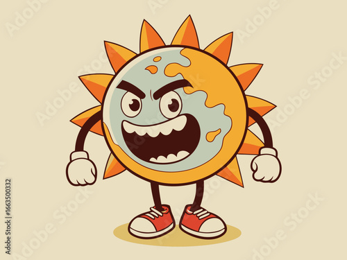 Cartoon sun character with an angry expression and red sneakers