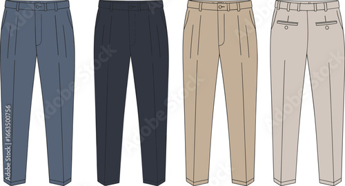 CAD drawing flat vector illustration of men’s formal pleated trousers with belt loops, side pockets, back welt pockets, fashion technical design template front and back