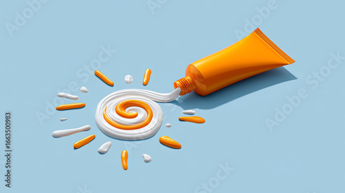 Lotion sunscreen spilled cream puddle from a plastic tube packaging, artistically dispensed on the surface, forming a playful sun shape with a spiral. Dermatology and self care, Skincare routine